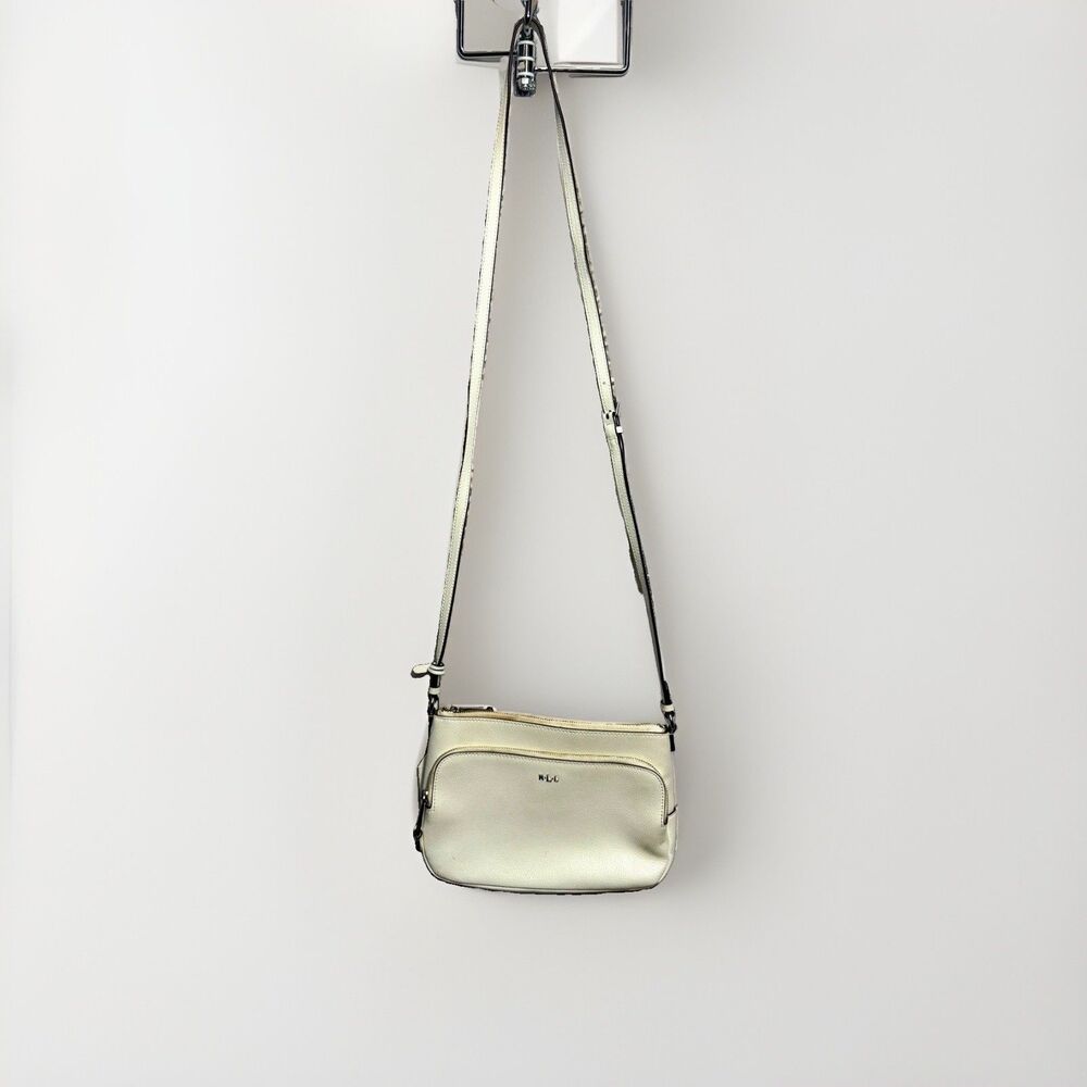 Lauren Ralph Lauren Pebbled Leather Crossbody Bag Ivory Cream RLL Silver Zip